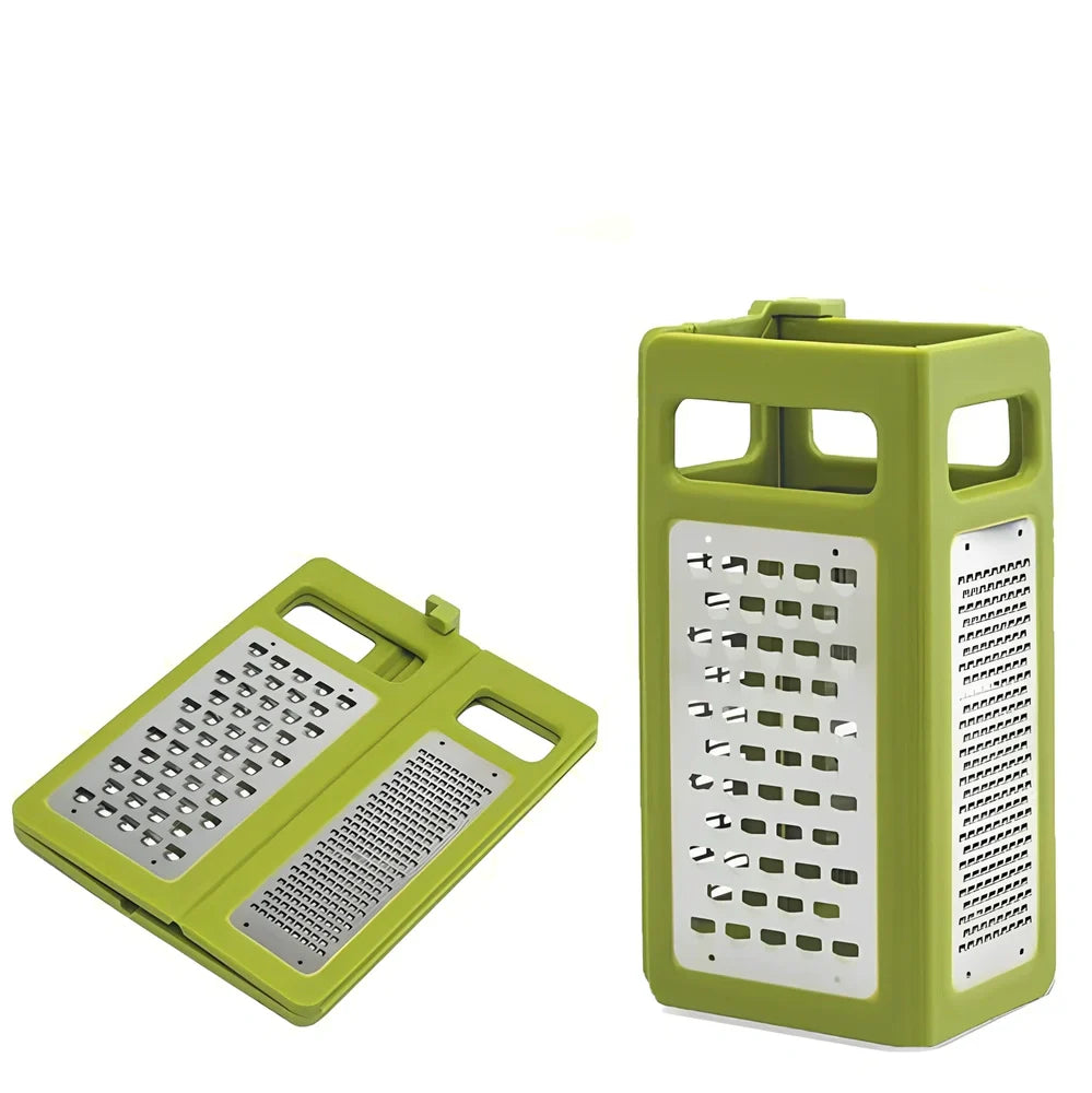 Green foldable stainless steel box grater with four cutting surfaces shown open and closed