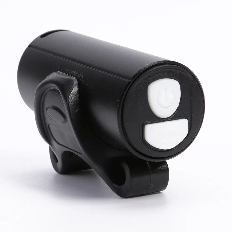USB rechargeable bicycle front light with 350 lumen output for mountain bikes and road cycling, black coloured LED bicycle safety light with battery power supply and included mounting hardware