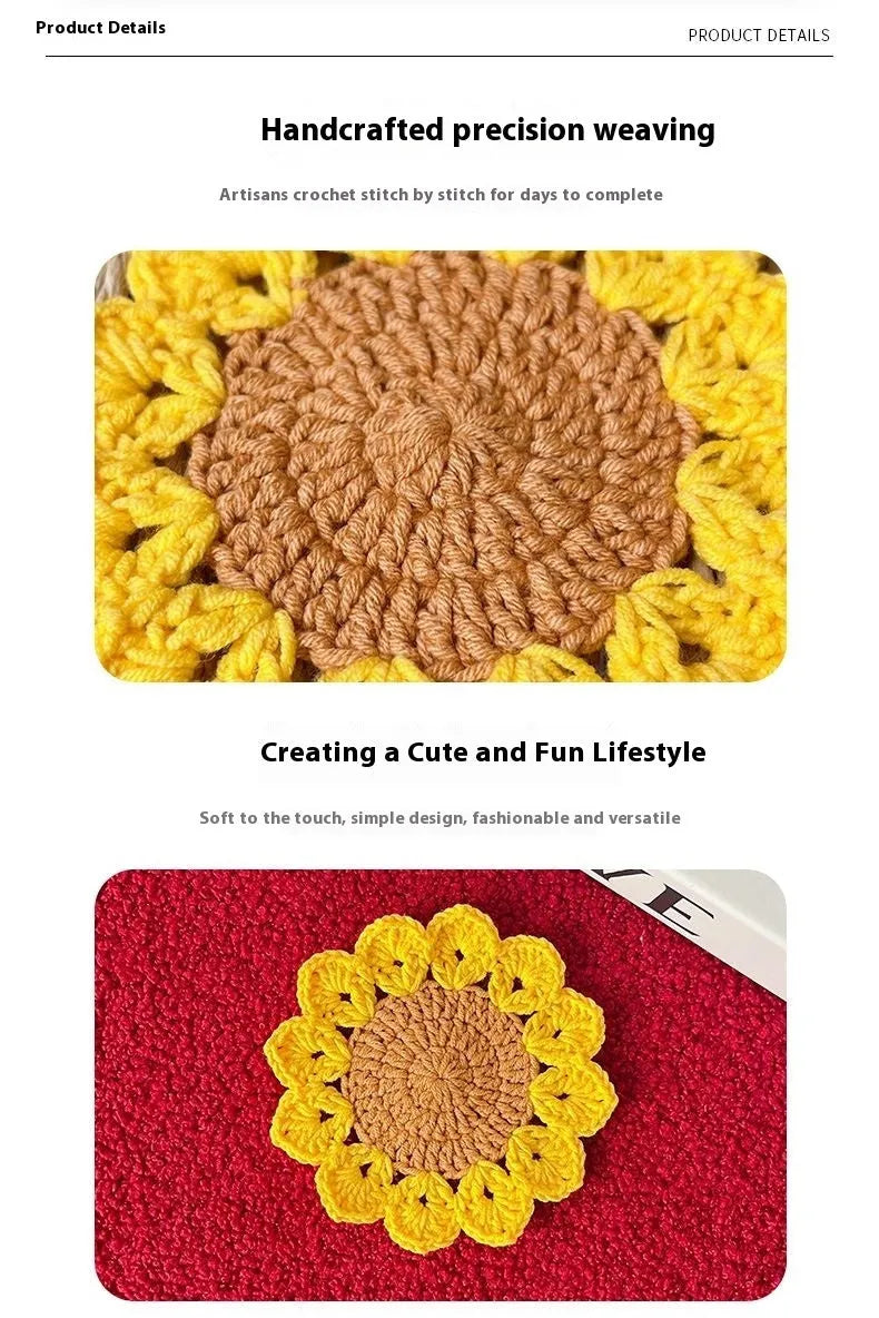 Hand-woven wool flower coaster on a wooden table