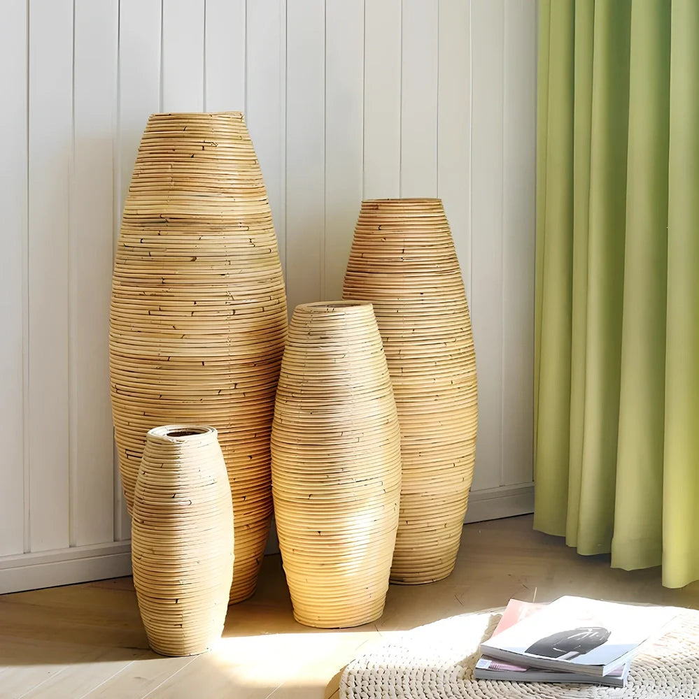 Indonesian rattan vase in natural colour with mosaic surface, available in 30cm to 80cm heights for pastoral decor