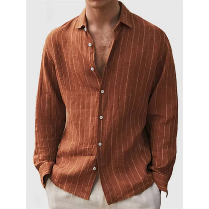 Man wearing a loose striped cardigan-style shirt with short sleeves.