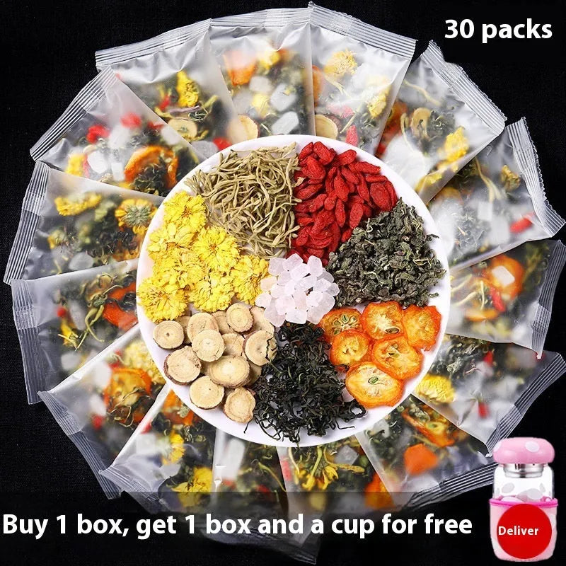 Honeysuckle chrysanthemum herbal tea boxes showing different packaging options with tea cup gifts