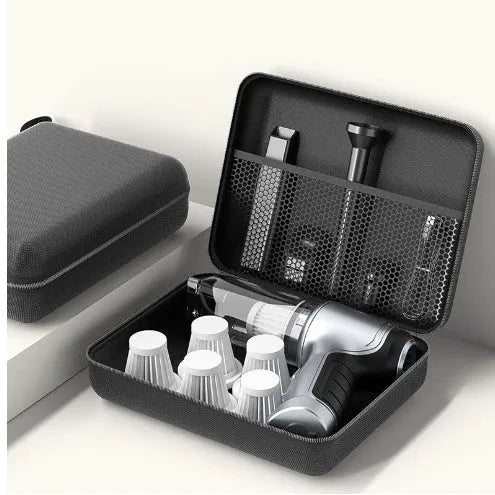 Brushless handheld and vertical car vacuum cleaner with 12000Pa suction, shown with optional EVA storage bag.