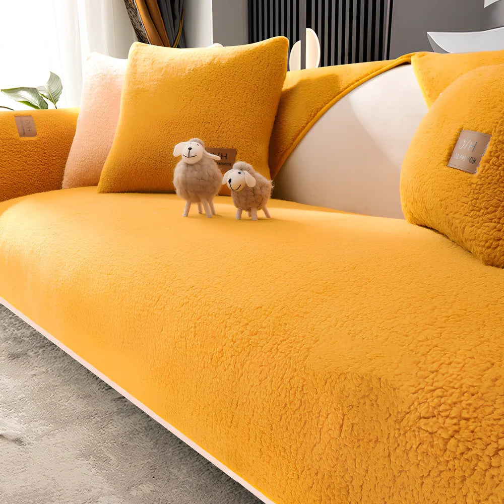 Winter lambswool sofa cushion with plush fabric in multiple solid colours and 90x210cm dimensions