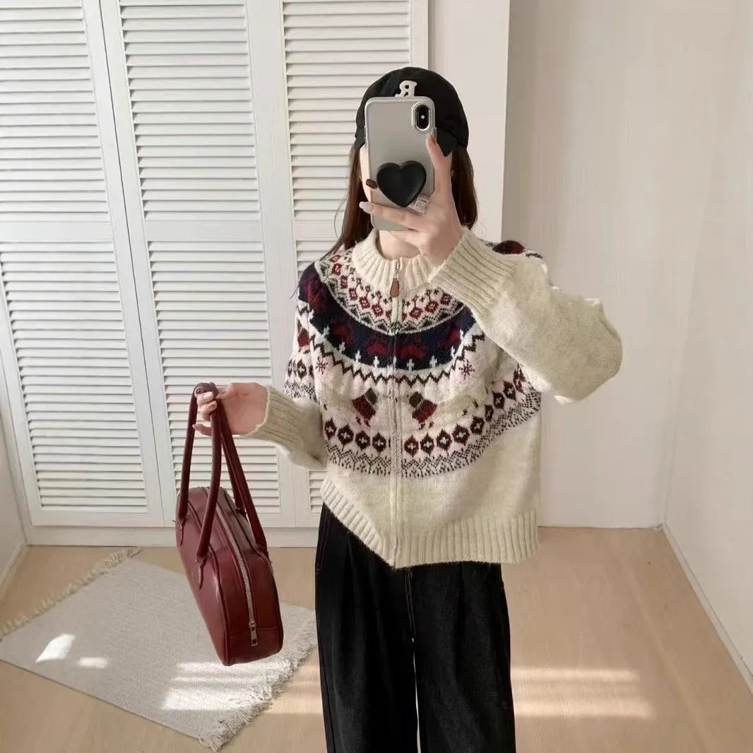 Ethnic jacquard pullover sweater with 3D pattern in apricot colour, showing round neck and long sleeves