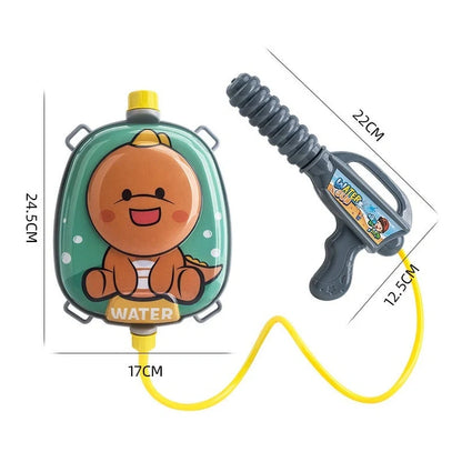 Children's backpack water gun with 1500ml capacity showing dinosaur character design and adjustable shoulder straps