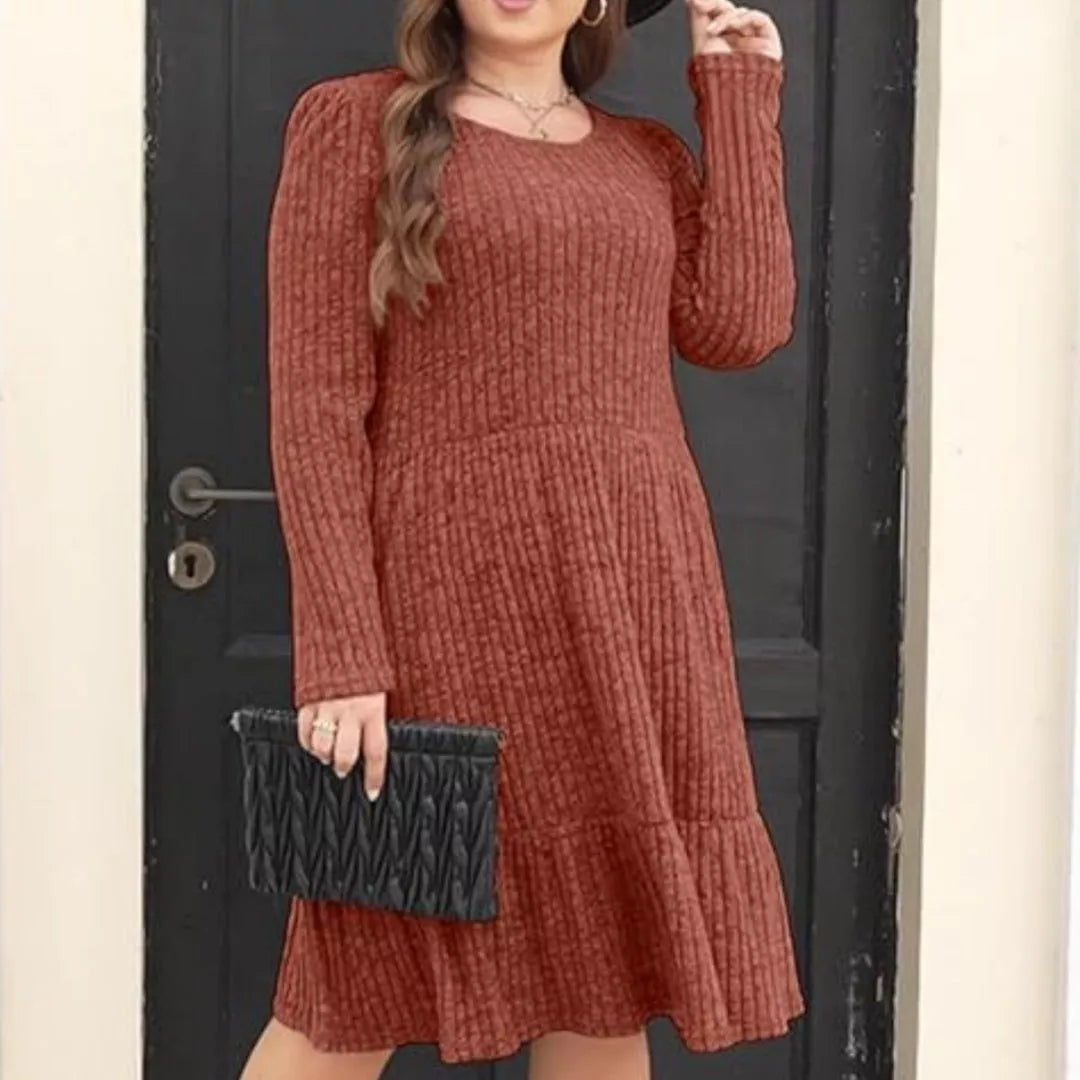 Solid color round neck knitted dress sweater in various colors and sizes