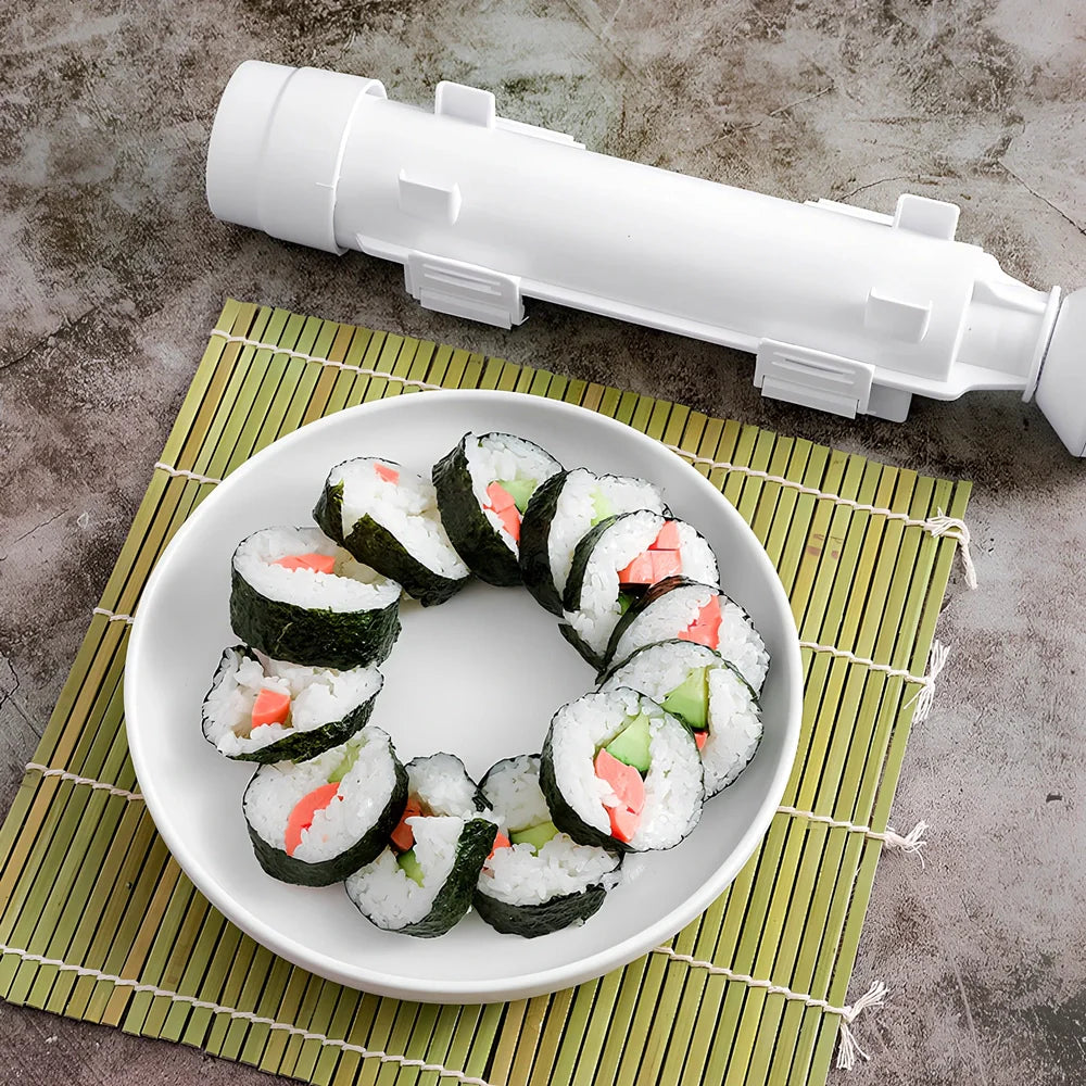 Manual sushi maker tool creating 2.5cm diameter rolls with food-grade plastic construction