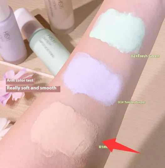 HISYI Silky Clear Makeup Primer bottle showing three shade options 01, 02, 03 for brightening skin.