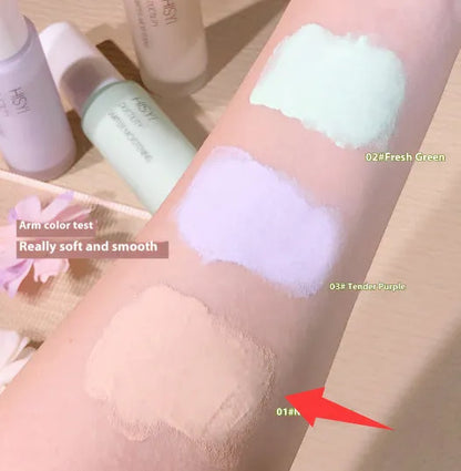 HISYI Silky Clear Makeup Primer bottle showing three shade options 01, 02, 03 for brightening skin.