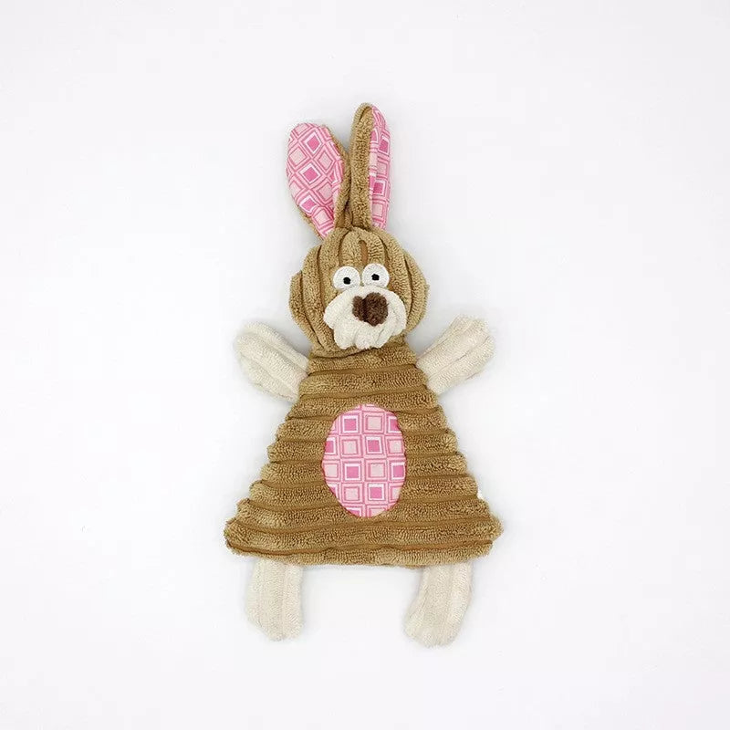 Donkey-shaped corduroy chew toy for dogs with squeaker, available in white, brown, and gray