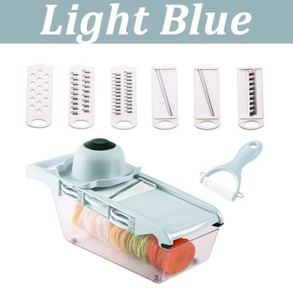 Multifunctional vegetable cutter with seven stainless steel blades on a food-grade plastic body.