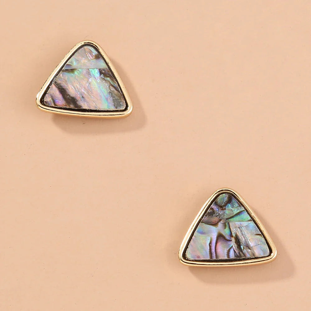 Elegant triangular earrings featuring a striking natural abalone shell inlay that shimmers with a captivating array of colors