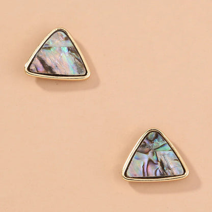 Elegant triangular earrings featuring a striking natural abalone shell inlay that shimmers with a captivating array of colors