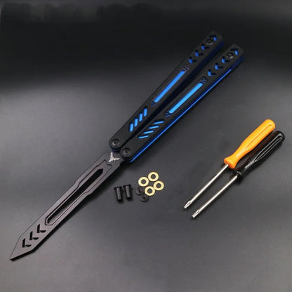 Butterfly knife practice trainer with aluminium handle and G10 grip patches in multiple colour options
