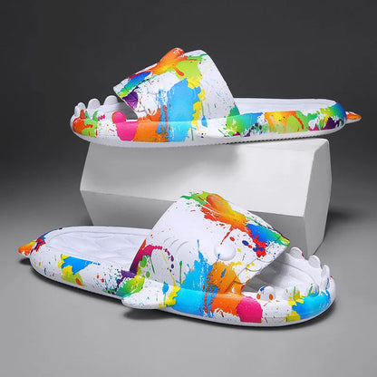 Shark-themed home slippers in EVA material, open-toe design, available in sizes 36-45 and multiple colours