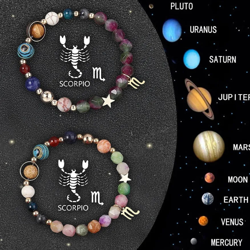 Two natural stone beaded bracelets with zodiac sign charms on adjustable knotted cords