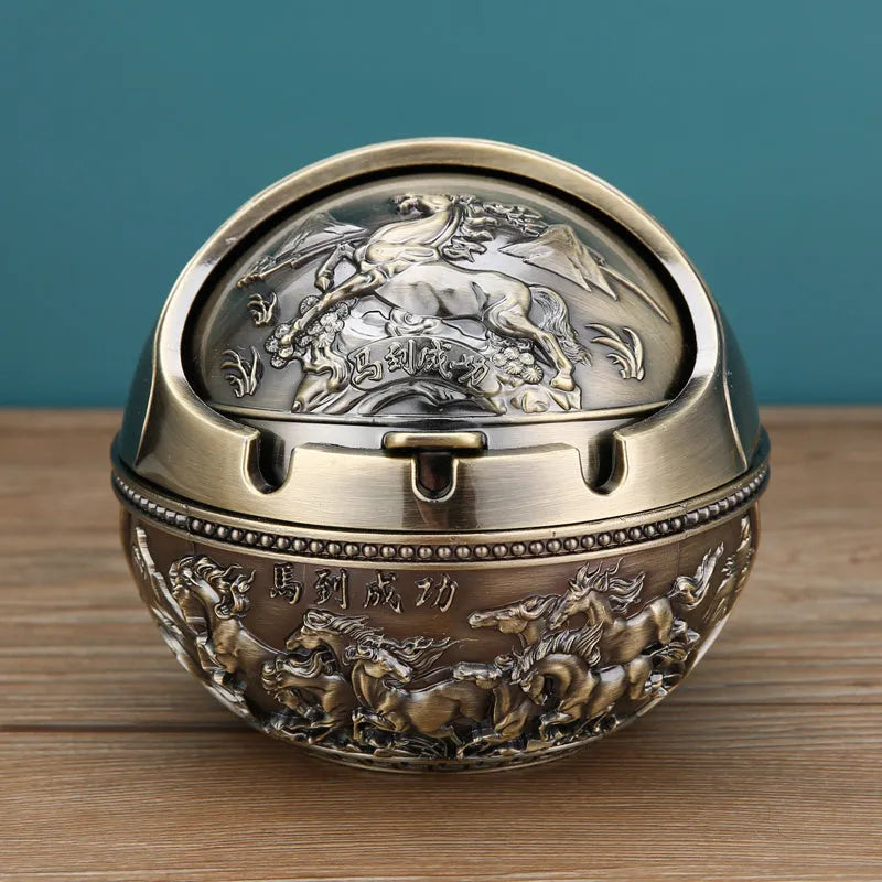 Alloy ashtray with smoke extinguishing slot in bronze finish, featuring Dragon and Phoenix motif, S size