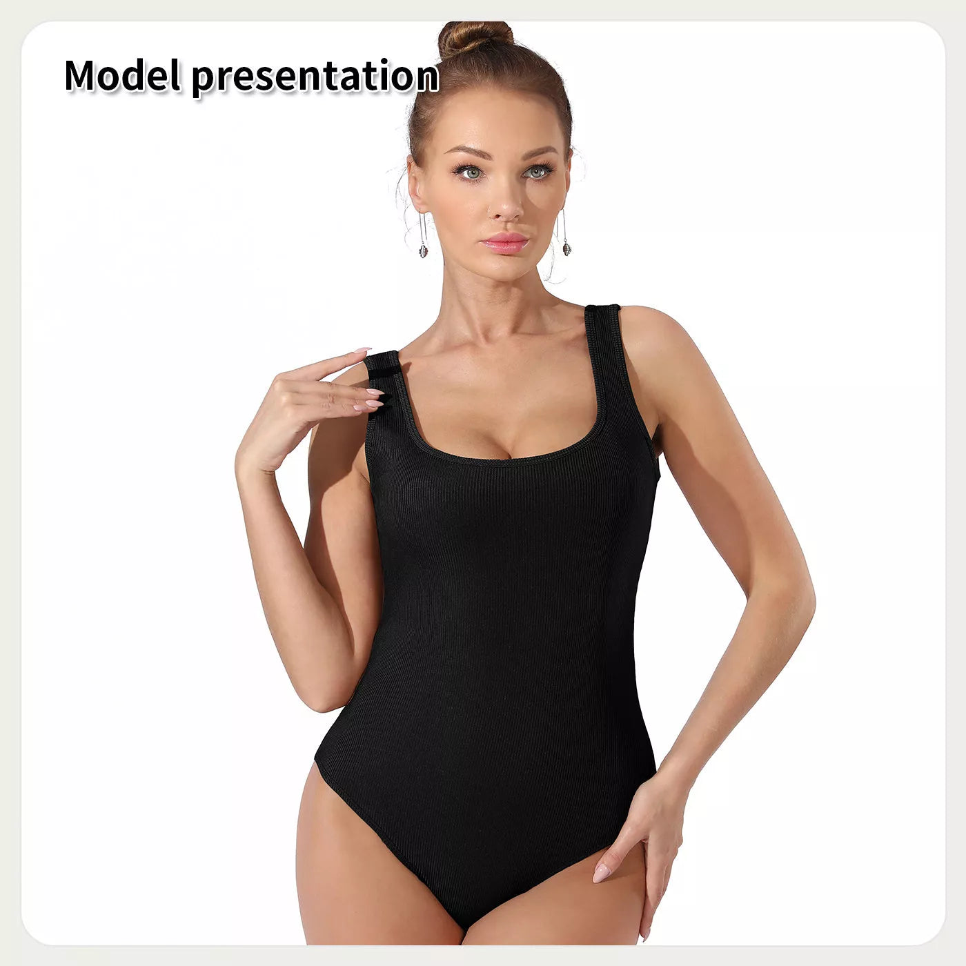 Women's solid color bodysuit in black and coffee, featuring stretchable fabric for a comfortable fit.