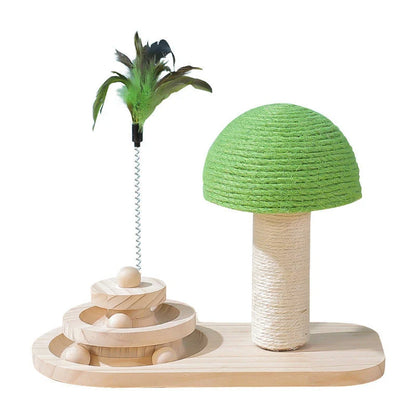 Solid wood cat scratching post with suspended sisal balls for interactive playtime and exercise