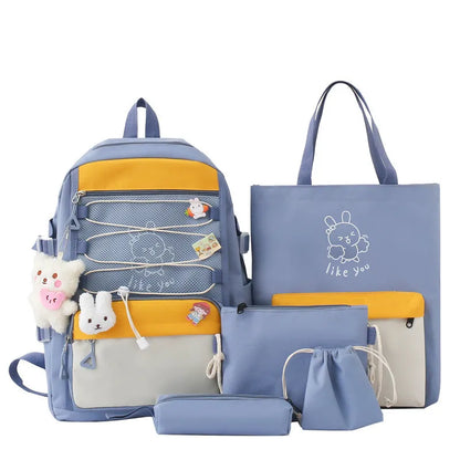 Nylon junior high school backpack in solid colour with curved shoulder straps and organisational compartments