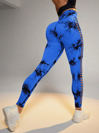 High waist butt lift seamless yoga pants with hollow tie dye print for women