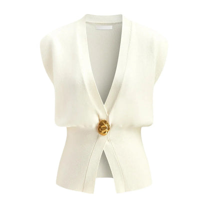 Women's loose fit V-neck button cardigan sweater in knitted polyester fabric.