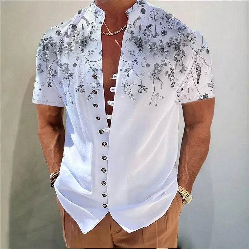 Youth wearing geometric floral print short sleeve cardigan shirt in chemical fibre blend fabric