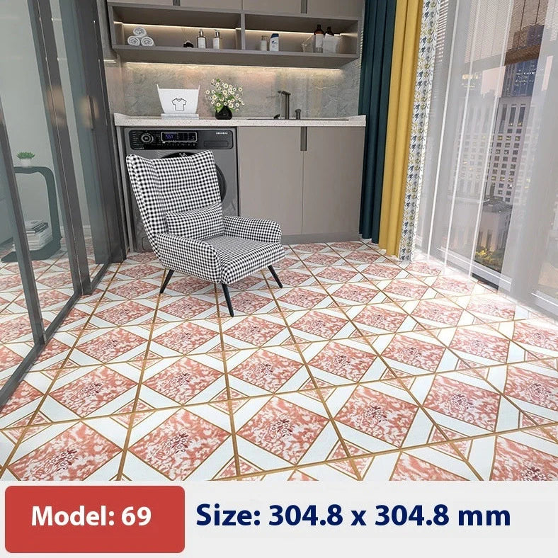 Self-adhesive vinyl flooring tile showing 30cm x 30cm dimensions with peel-and-stick backing visible