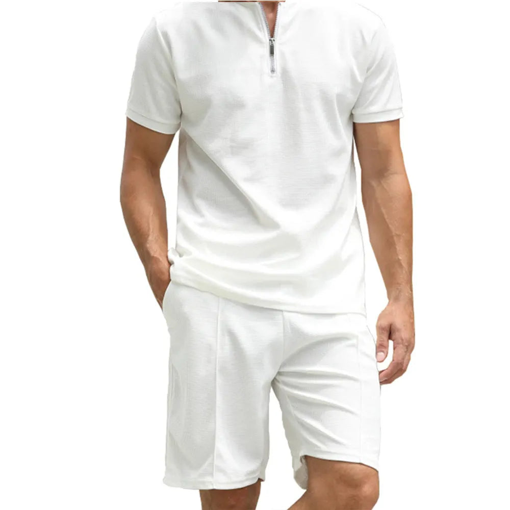 Men's solid colour polo shirt suit set with short sleeves, showing top and trousers in beaded bird's eye fabric