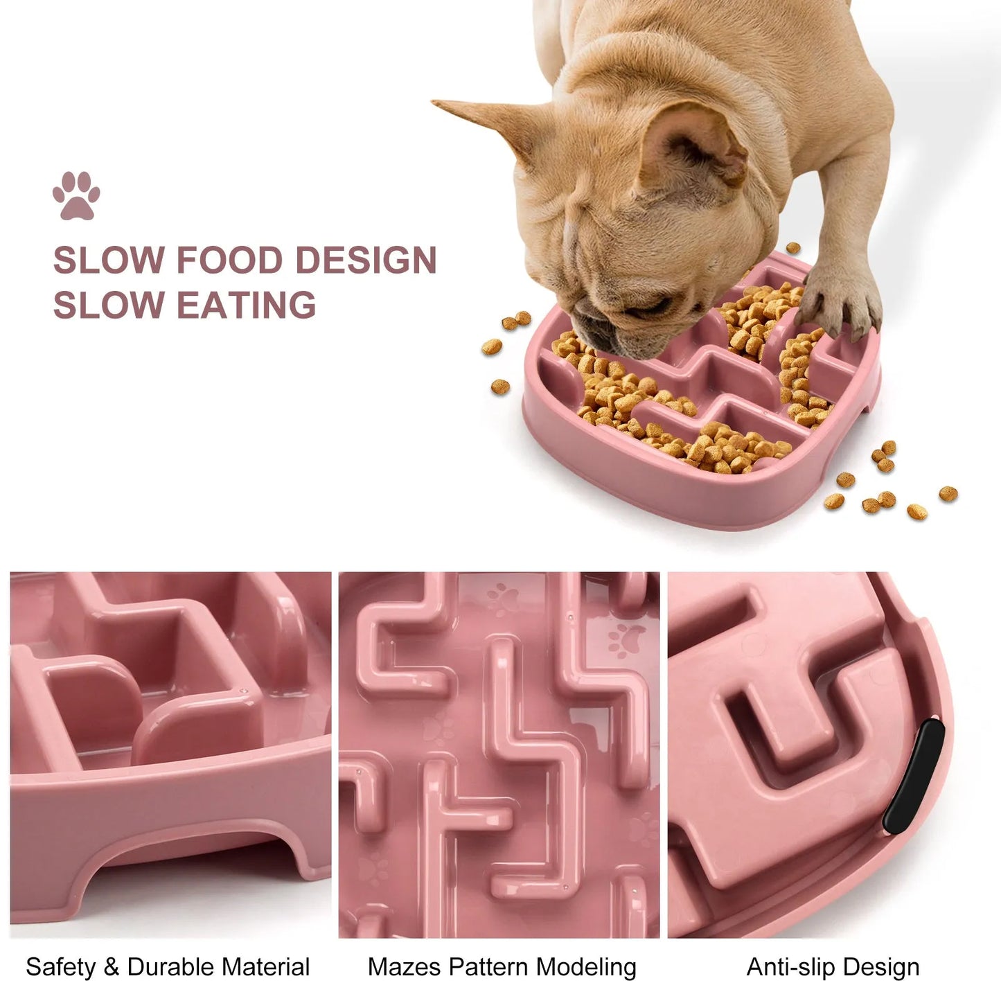 Macaron-coloured slow feed pet bowl with maze pattern and non-slip base for dogs and cats.