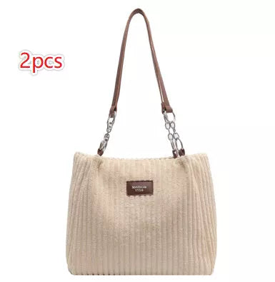 Retro corduroy women's shoulder bag with zipper closure in multiple colors