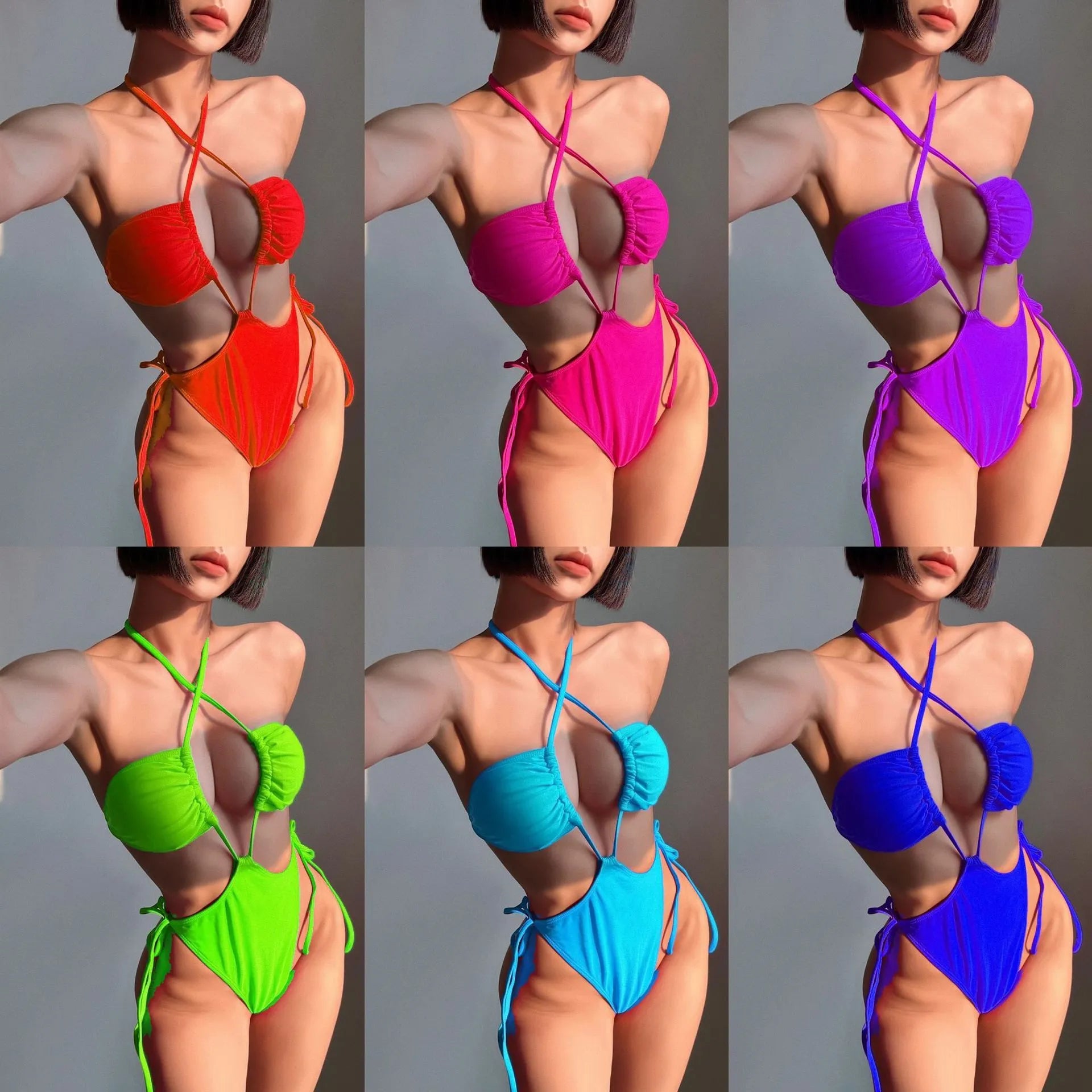 Women's solid colour one-piece swimsuit with drawstring fastening in nylon fabric.