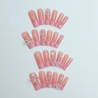 Nail art set showing super long water pipe French spot drill designs with a bow and love pattern in colour XB-70-48.