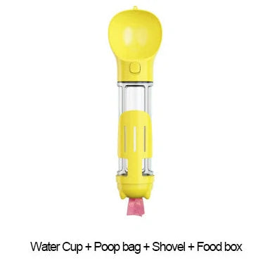 Aquamarine portable dog water bottle with attached poop bag dispenser and treat holder compartment
