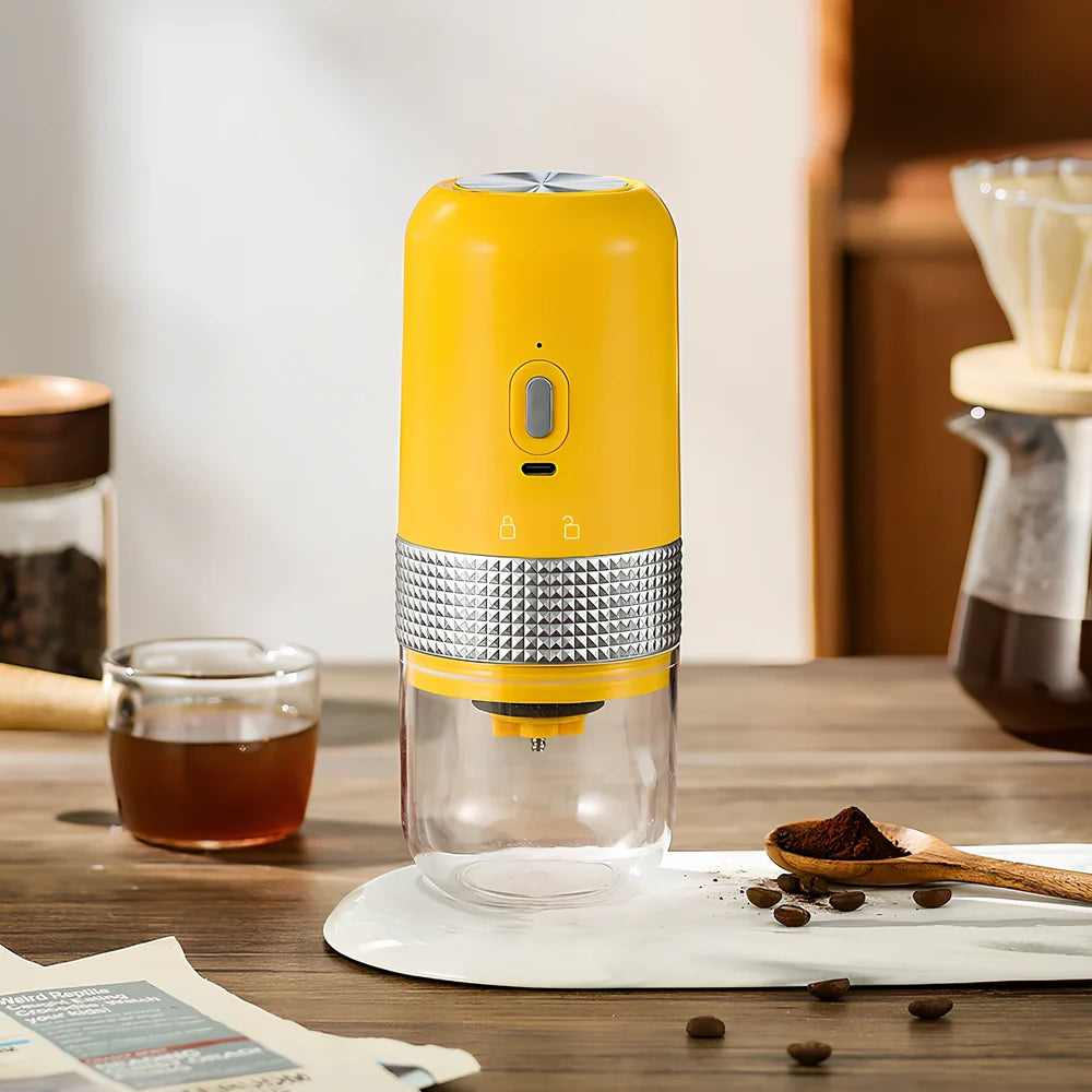 Electric coffee grinder in bright yellow, calm grey, elegant black, or elegant white with 25g bean capacity and TYPE-C charging port