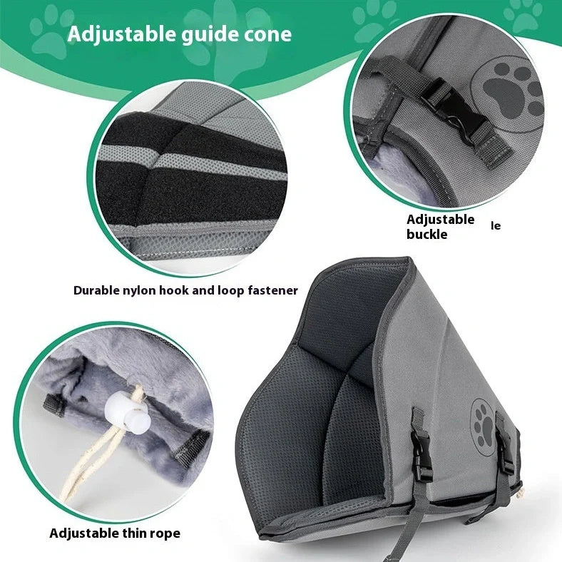 Adjustable pet sterilisation collar showing buckle closure and polyester material texture