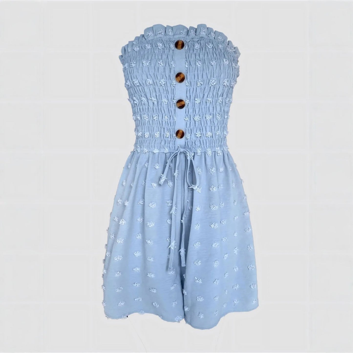 Women's off-shoulder sleeveless jumpsuit in polyester fabric with button detailing and mid-waist design