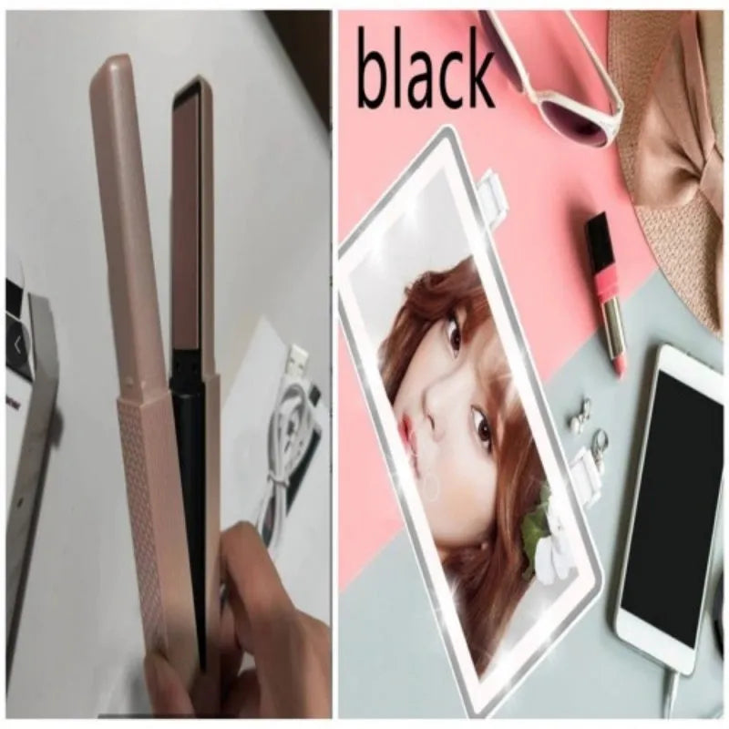 Pink and green cordless USB rechargeable mini hair straightener and curler with ceramic plates