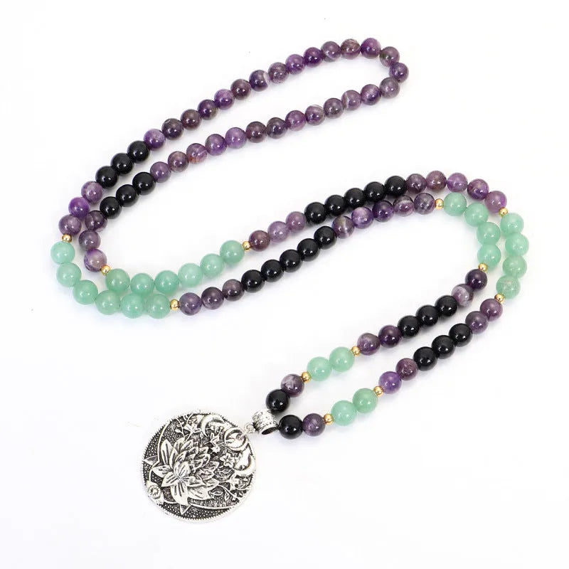 Long yoga necklace with geometric lotus pendant and stone beads, matching bracelet, adjustable 51-80cm chain