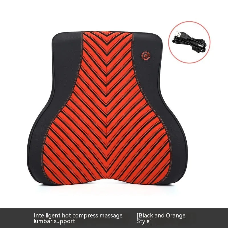 Black and orange electric massage heating car headrest and lumbar support cushion on a vehicle seat.