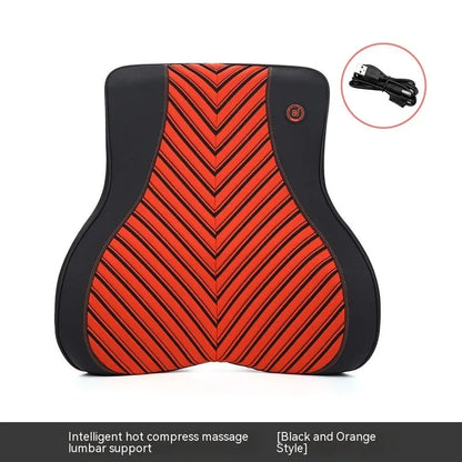 Black and orange electric massage heating car headrest and lumbar support cushion on a vehicle seat.