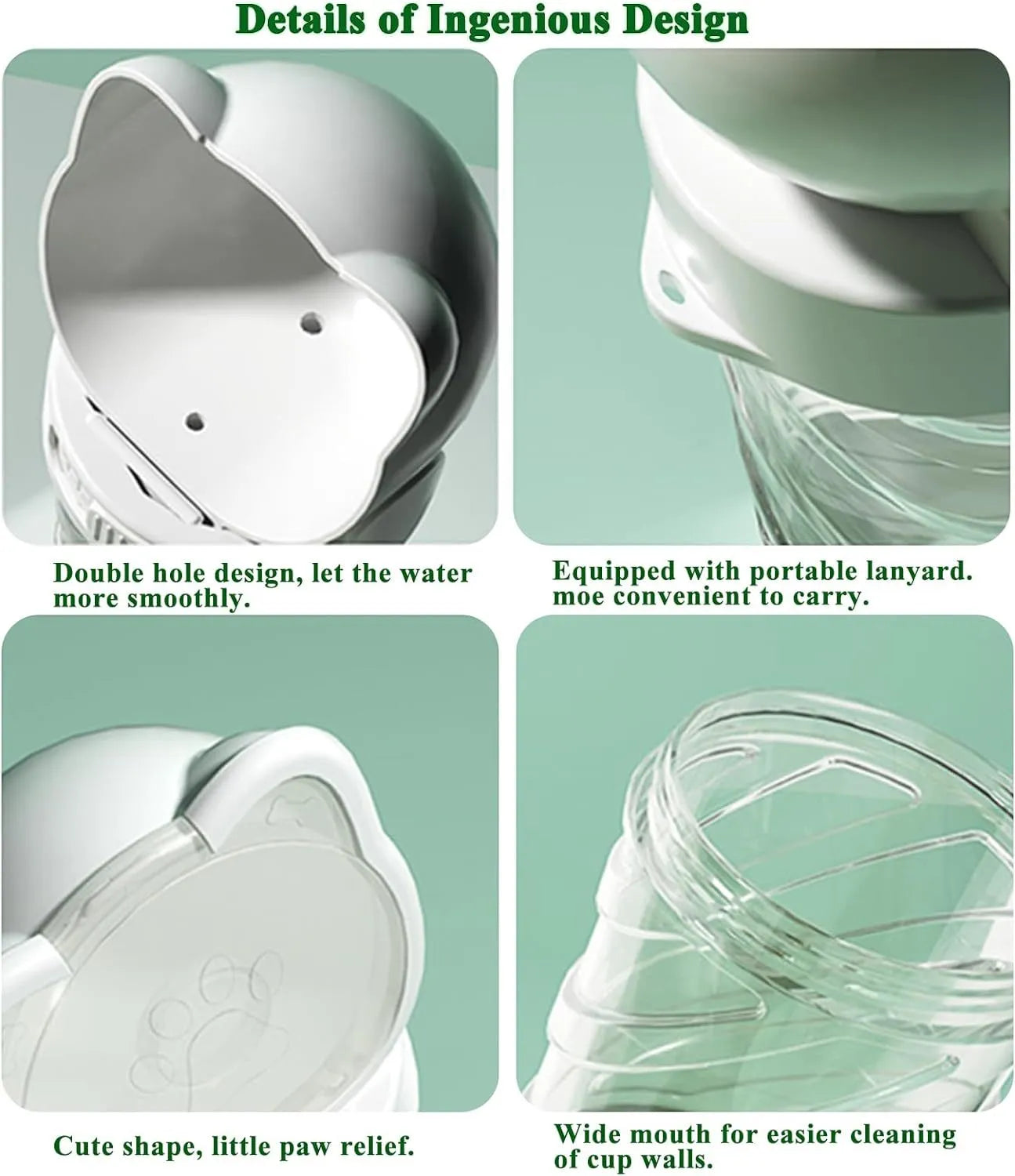 Green 3-in-1 pet water bottle showing water dispenser, food container, and waste bag compartment