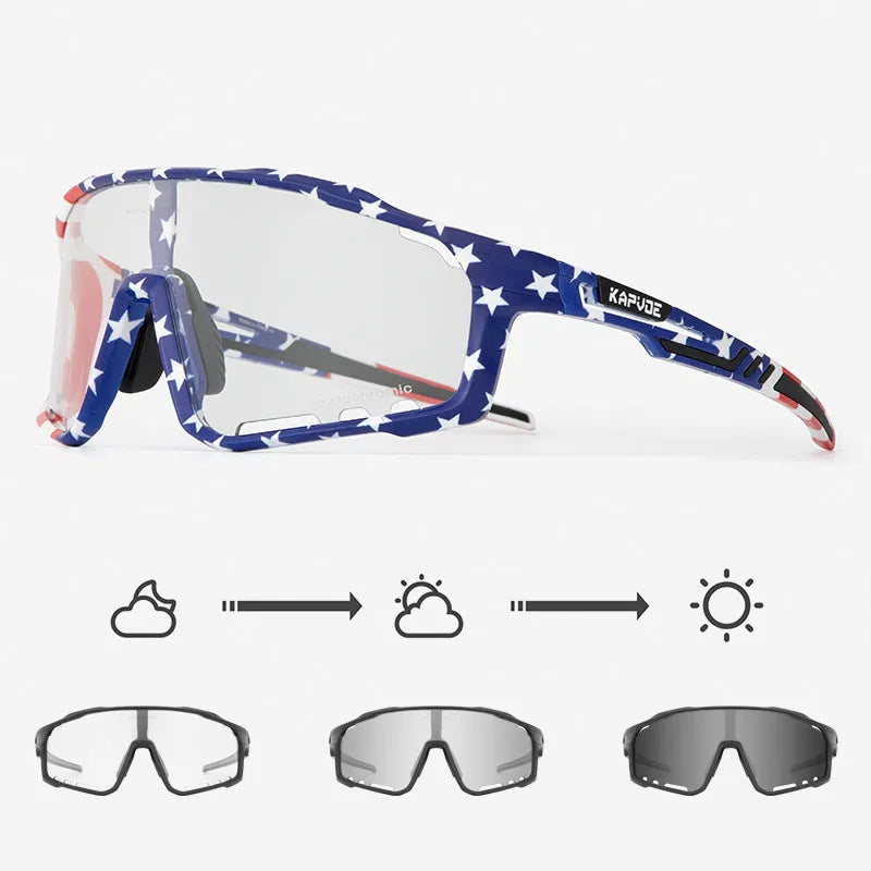 Photochromic cycling sports goggles with a semi-rimless TR90 frame and adaptive tint lens.