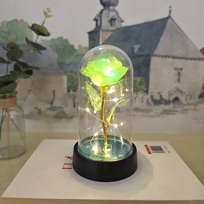 Glass cover small night lamp with plastic flowers, 15cm height, black base, and multiple light colour options