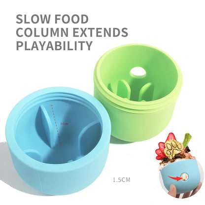 Yellow and blue silicone dog toy ball with treat opening for medium to large breed dogs