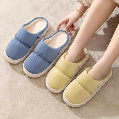 Down cotton slippers with artificial leather upper and rubber anti-slip sole in blue colour