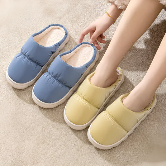 Down cotton slippers with artificial leather upper and rubber anti-slip sole in blue colour