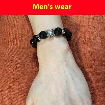 Silver 999 natural obsidian bracelet with cloud year design, shown in 10mm and 12mm unisex sizes.