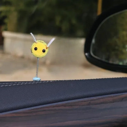 Cartoon Little Bee car decoration with swing spring, 3x3cm fur ball ornament